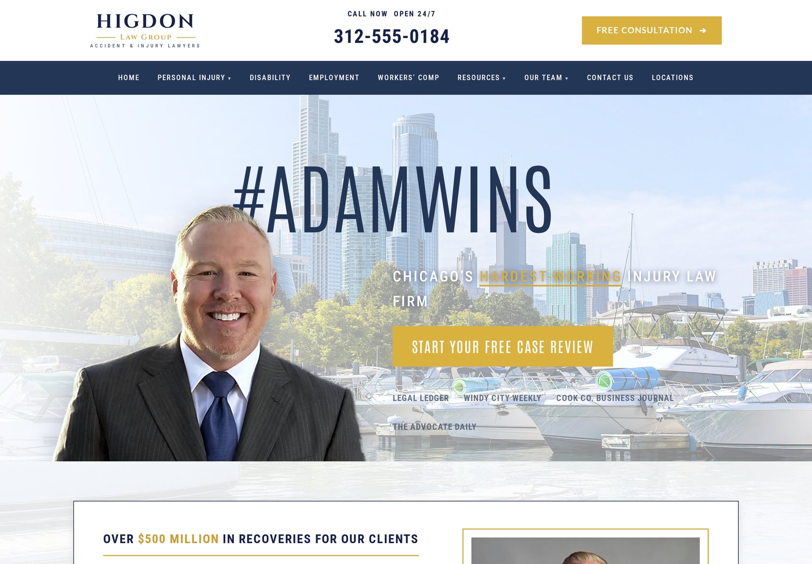 Higdon Law Group attorney website homepage showing hero headline, practice-area navigation, and free case review call to action